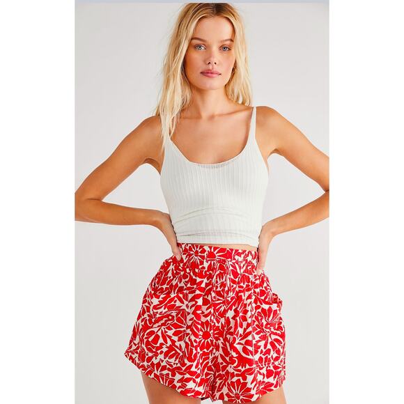 Free People Red & White Linen Blend Boho Floral Emma Patch Pocket Shorts Size‎ - Picture 1 of 10